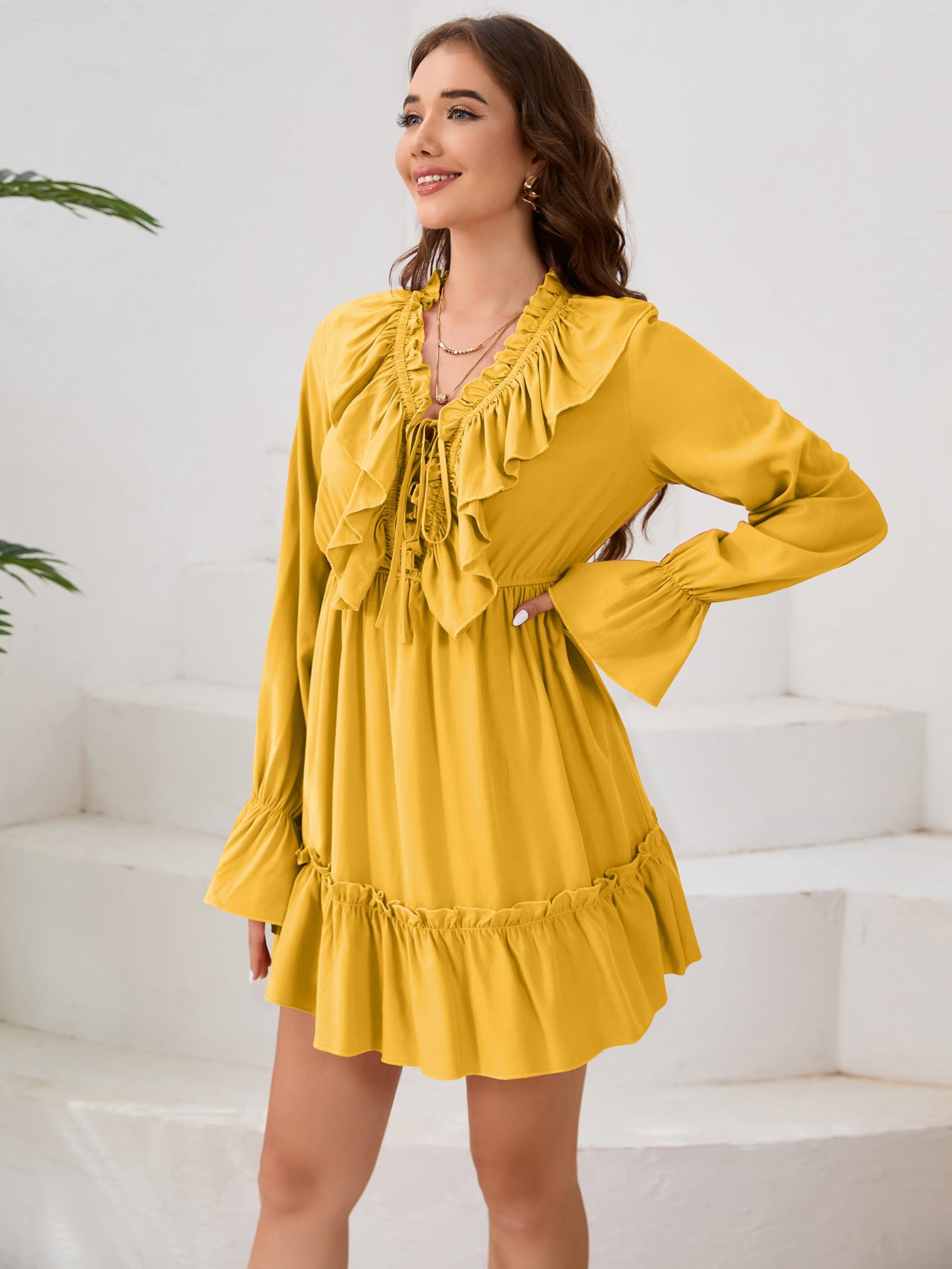 Autumn women's v-neck ruffle long sleeve short dress 7