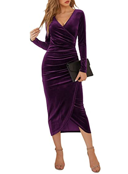 Women Sexy Long Dress V-Neck Bodycon Irregular Midi Cocktail Dress 4