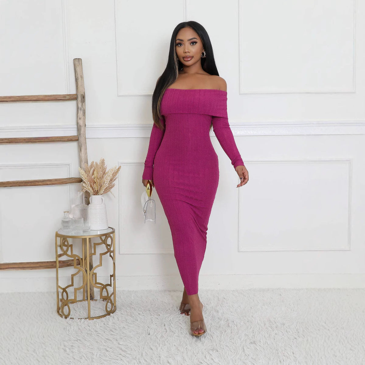 sexy and elegant Fashionable knitting women Slim Fit Off-shoulder long dress 6