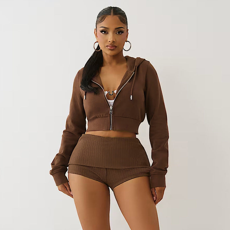 Women Fall Casual Zipper Hoodies and Fold-Up Shorts Two-Piece