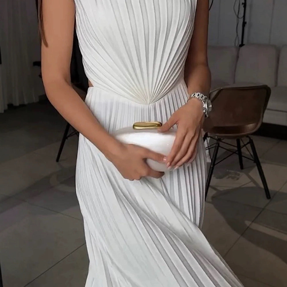 Summer Women's Sexy Chic Solid Pleated A-Line Party Dress 7