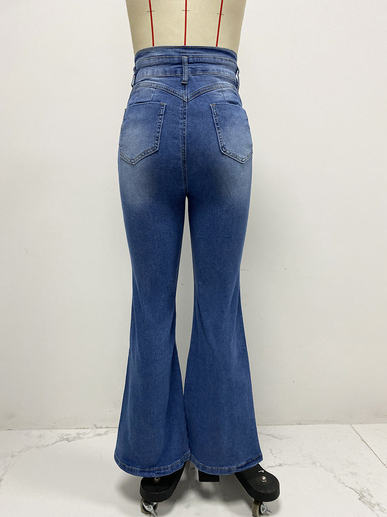 Spring Washed Denim Pants For Women Slim High Waist Bell Bottom Jeans 9