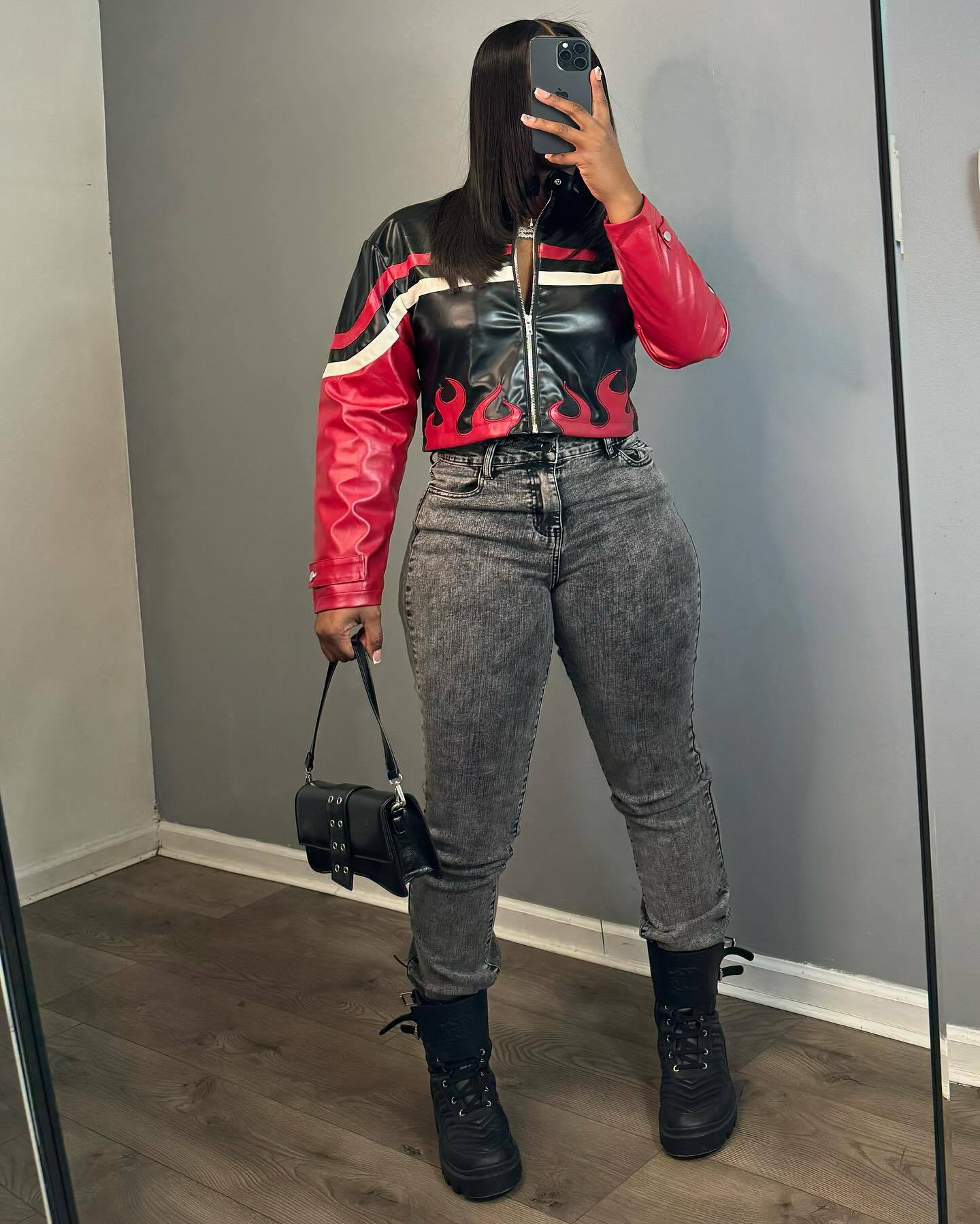 Women's Embroidered Flame Patchwork Leather Jacket 3