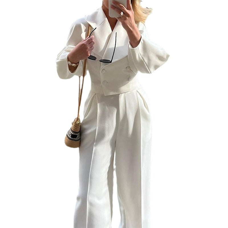 Autumn Long Solid Color Turndown Collar Slim Waist Slim Fit Two Piece Blazer Pants Set Chic Career Suit 9