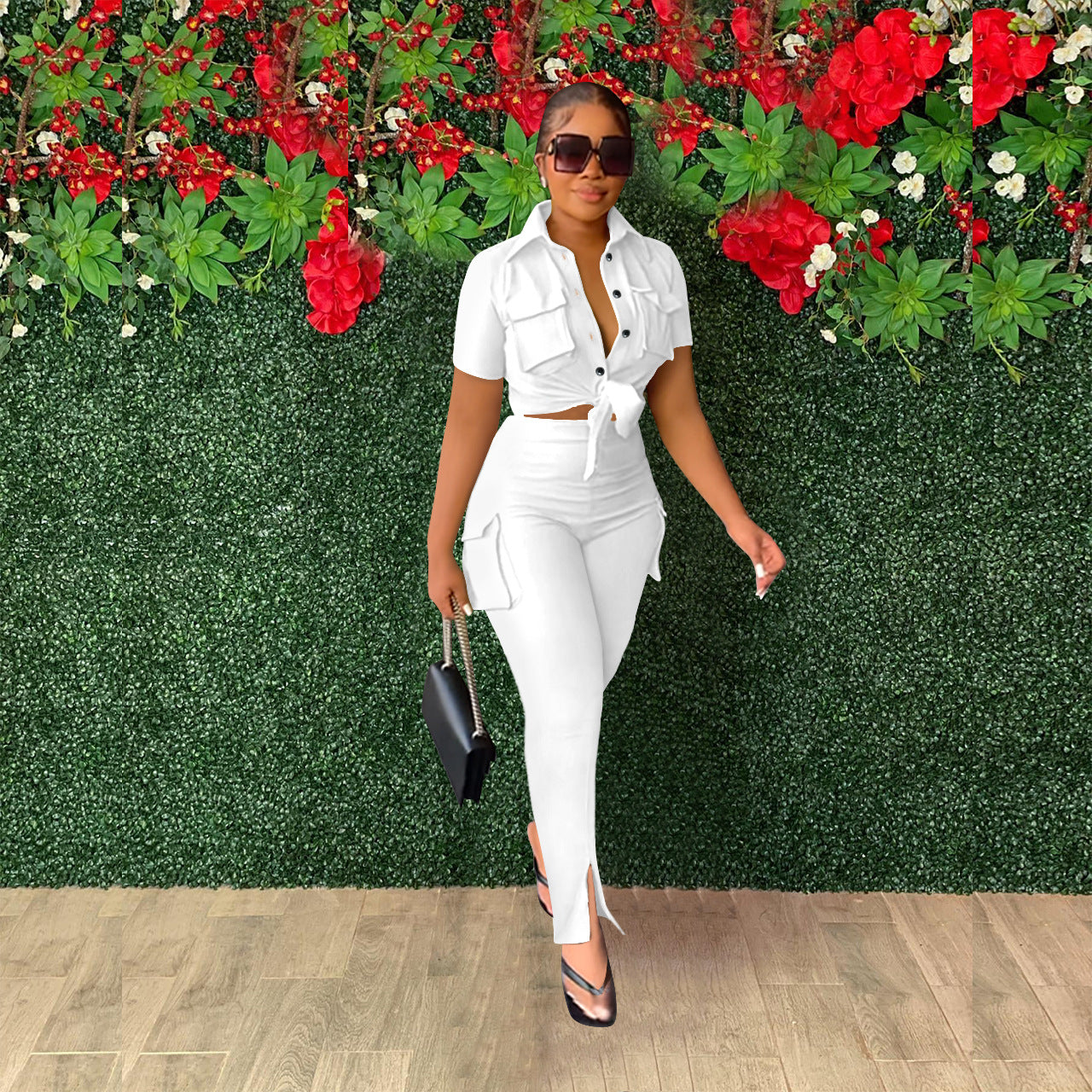 Women's Casual SOLid COLor  Short Sleeve Shirt Slit Trousers Two Piece Set