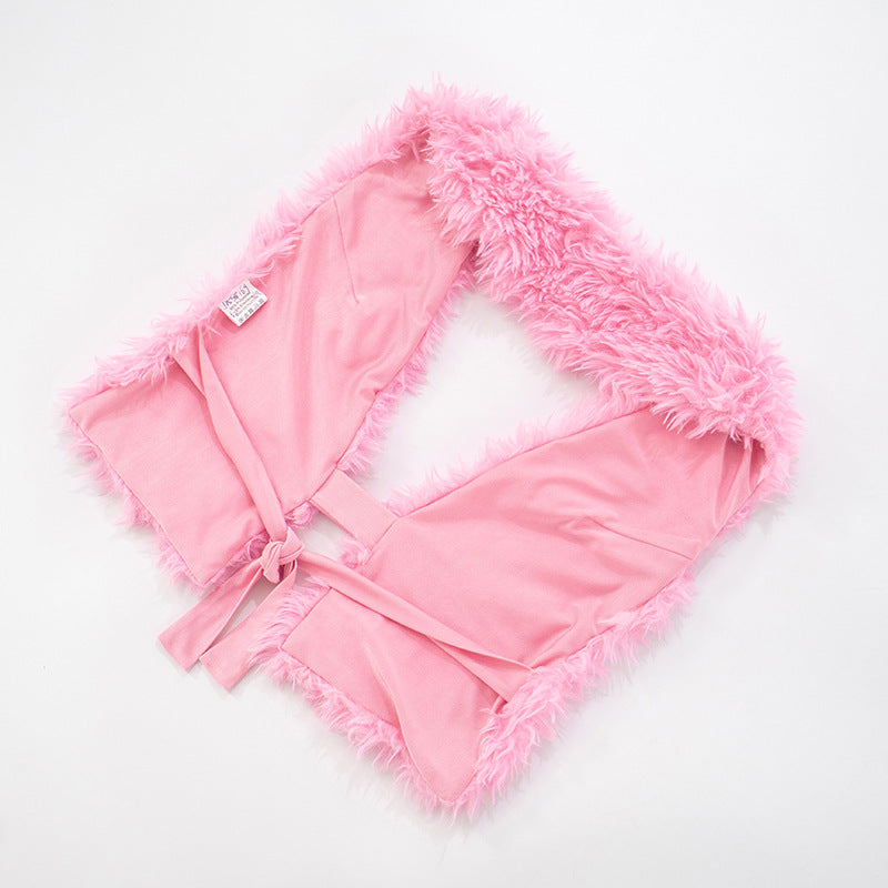 Women's Summer/Fall Halter Neck Low Back Lace-Up Faux Fur Tight Slim Solid Knee-Length Shorts Set 18