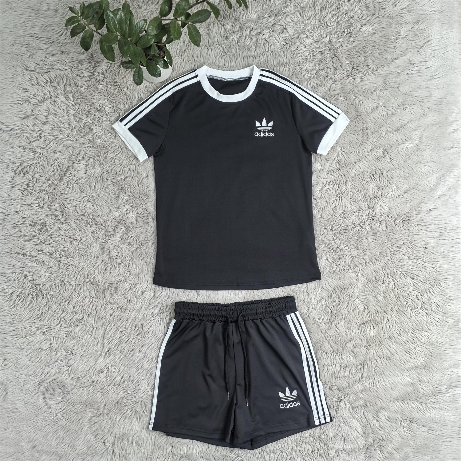 Women casual summer pocket embroidery sports striped short-sleeved top and shorts two-piece set 6