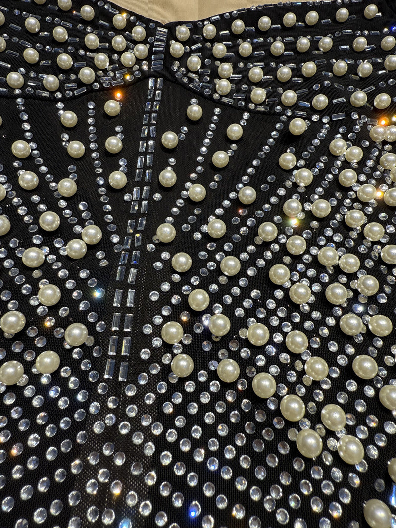 Women See-Through Sexy Beaded Pearl Contrast Long Sleeve Dress 15