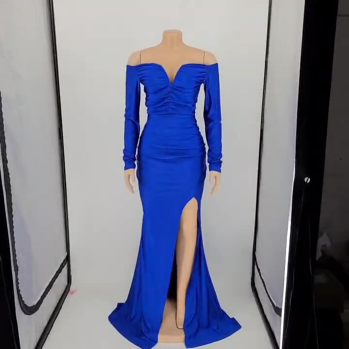 Women'S Sexy Solid Off Shoulder Long Sleeve Slit Evening Dress 16