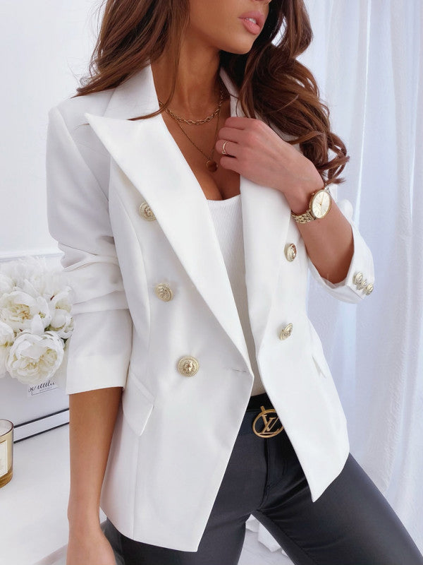 Women Long-sleeved Solid Double-breasted Blazer 3