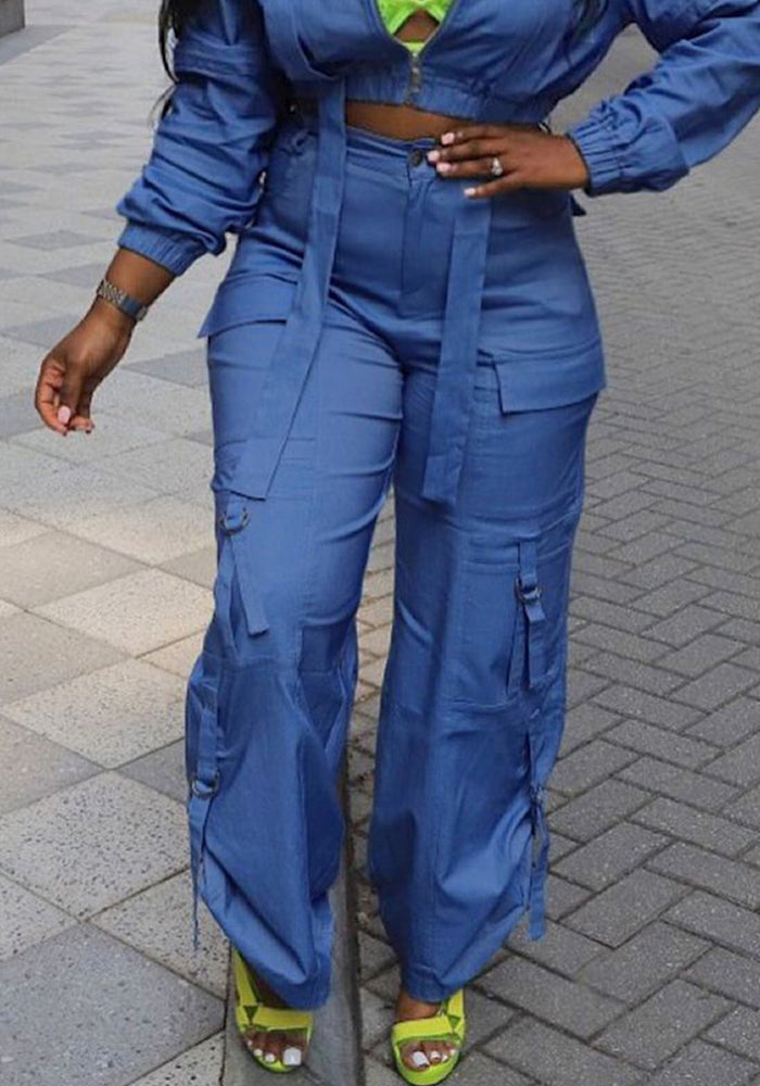 Women Summer Pockets Drawstring Loose Zipper Casual Pants