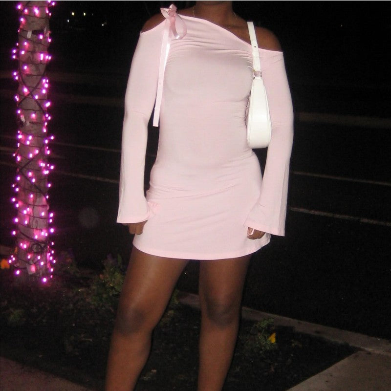 Women Spring Solid Slash Shoulder Strappy Off Shoulder Long Sleeve Dress 10