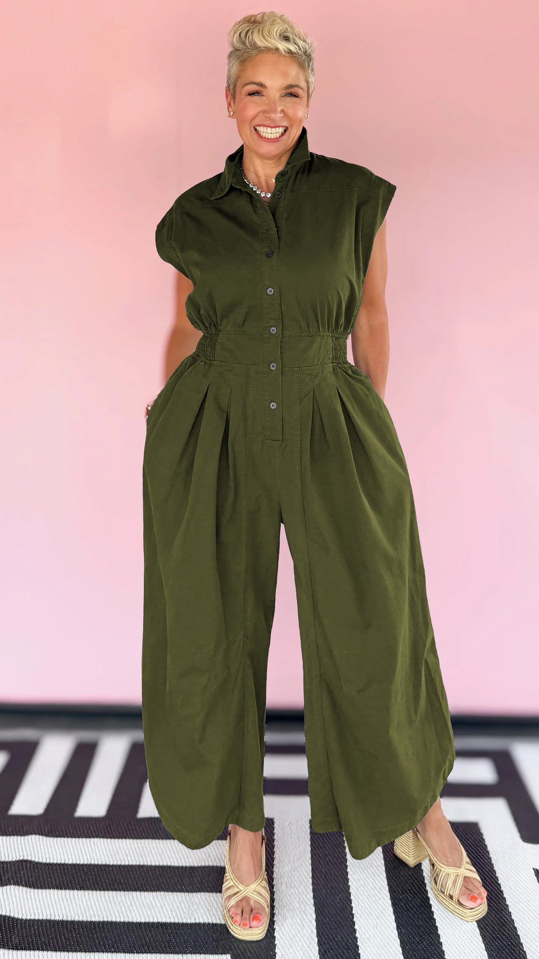 Casual Career Turn-Down Collar Sleeveless Button-Down Cargo Pocket Jumpsuit 4