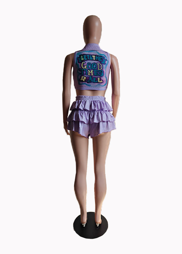 Spring Fashion Women's Sexy Turndown Collar Ribbed Print Top Cake Shorts Set 6