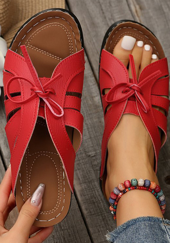 Women Summer Wedge Peep-Toe Slippers Solid Bow Roman Sandals