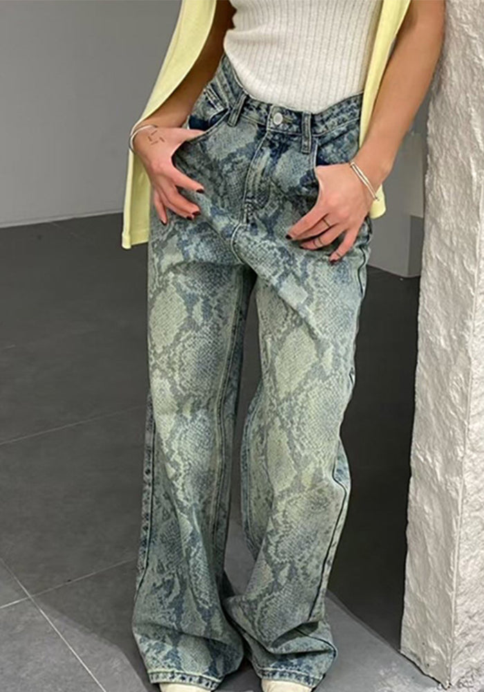 Women Street Snake Print Casual Denim Trousers