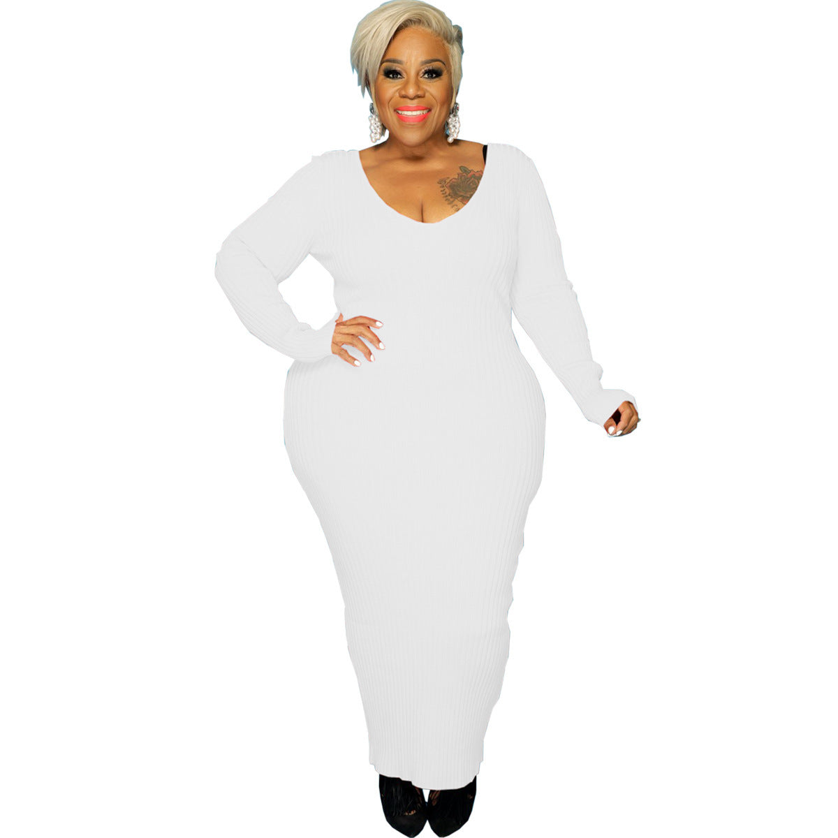 Plus Size Women Sexy Solid V-Neck Dress 8