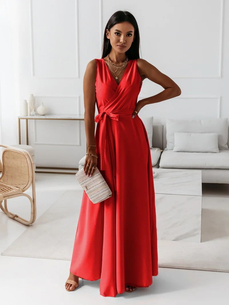 Women Spring Summer Solid v-neck Maxi Dress 8