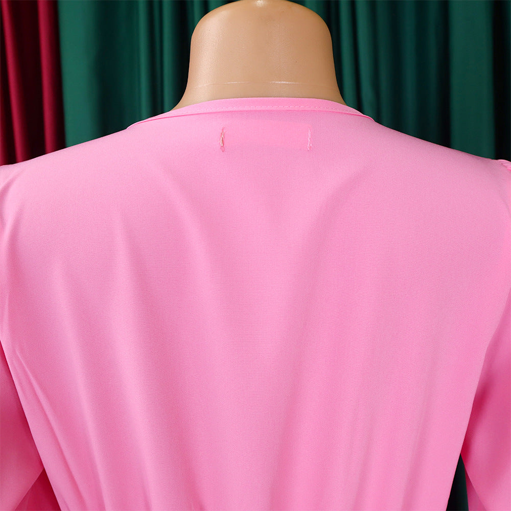 V-Neck Chic Elegant Slim Waist Belted Pleated High Waist Plus Size Dress 41