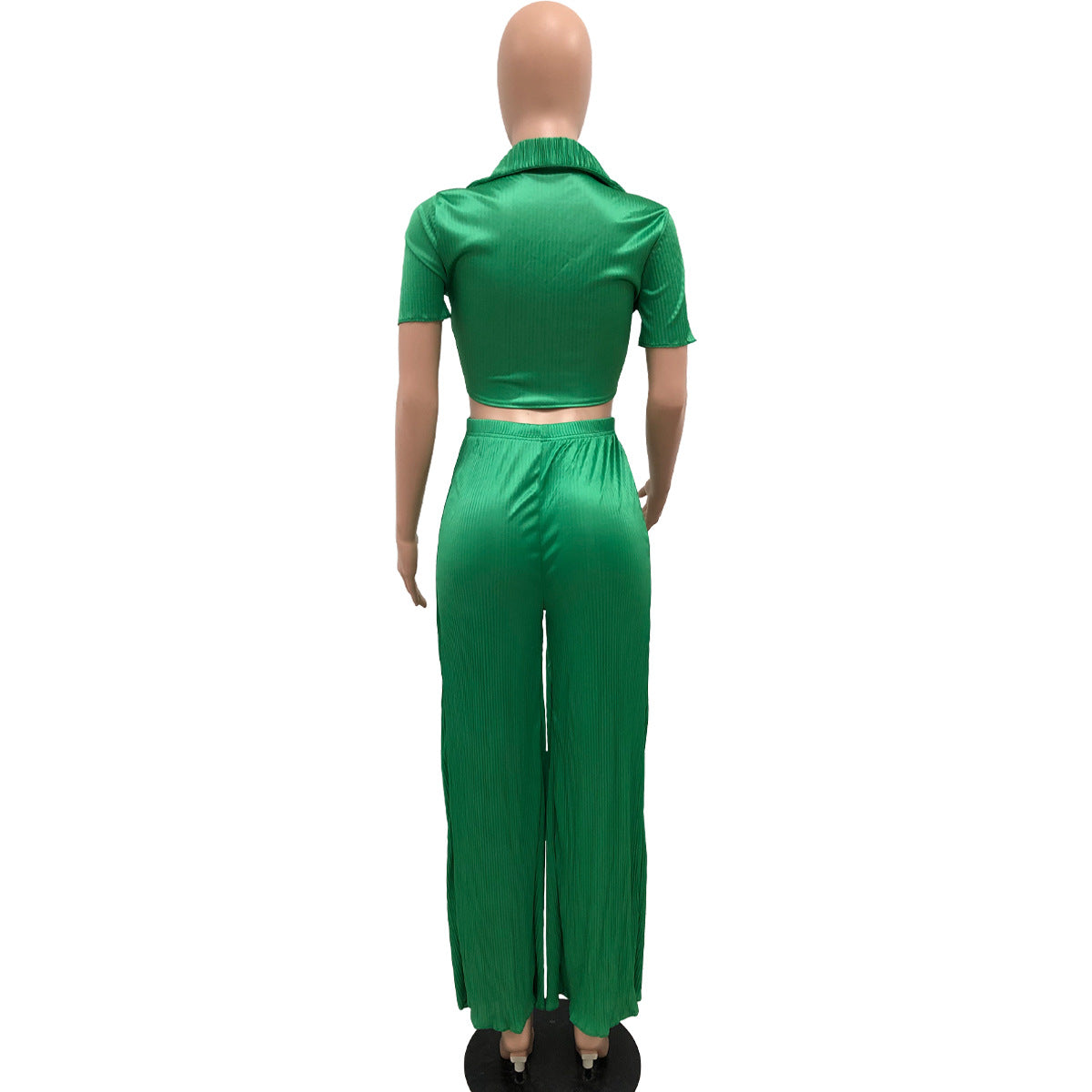 Women Lace-Up Crop Top and Pleated Wide-Leg Pants Two-Piece Set 13