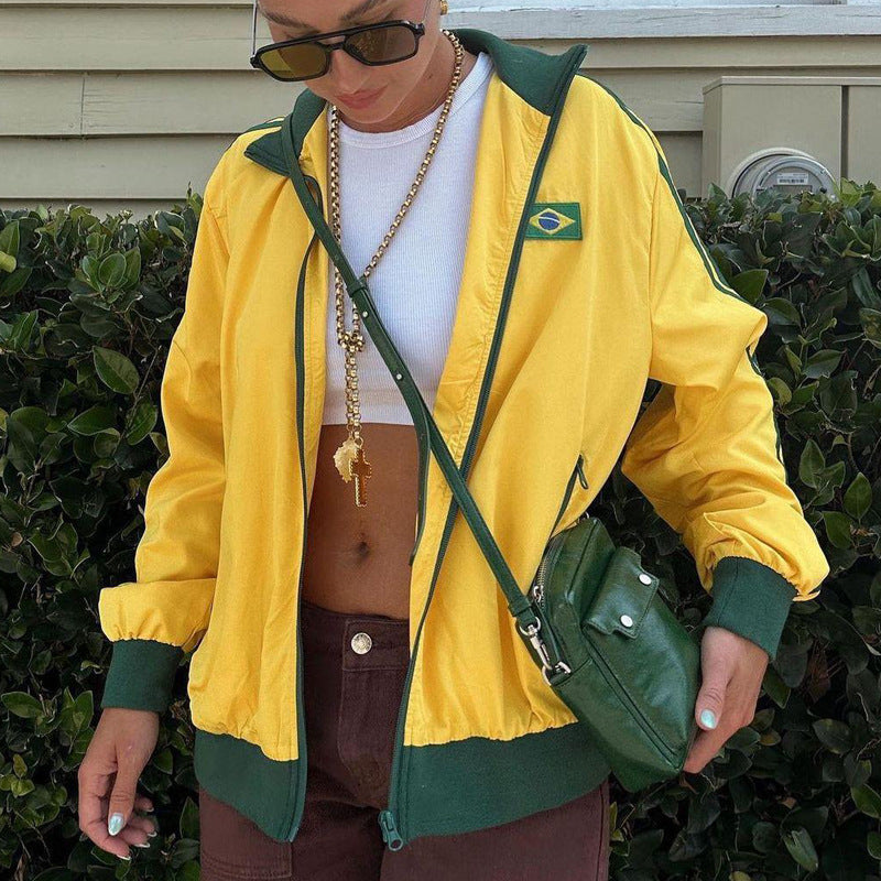 Autumn Women Long Sleeve Round Neck Casual Letter Contrast Printed Sports Jacket 3