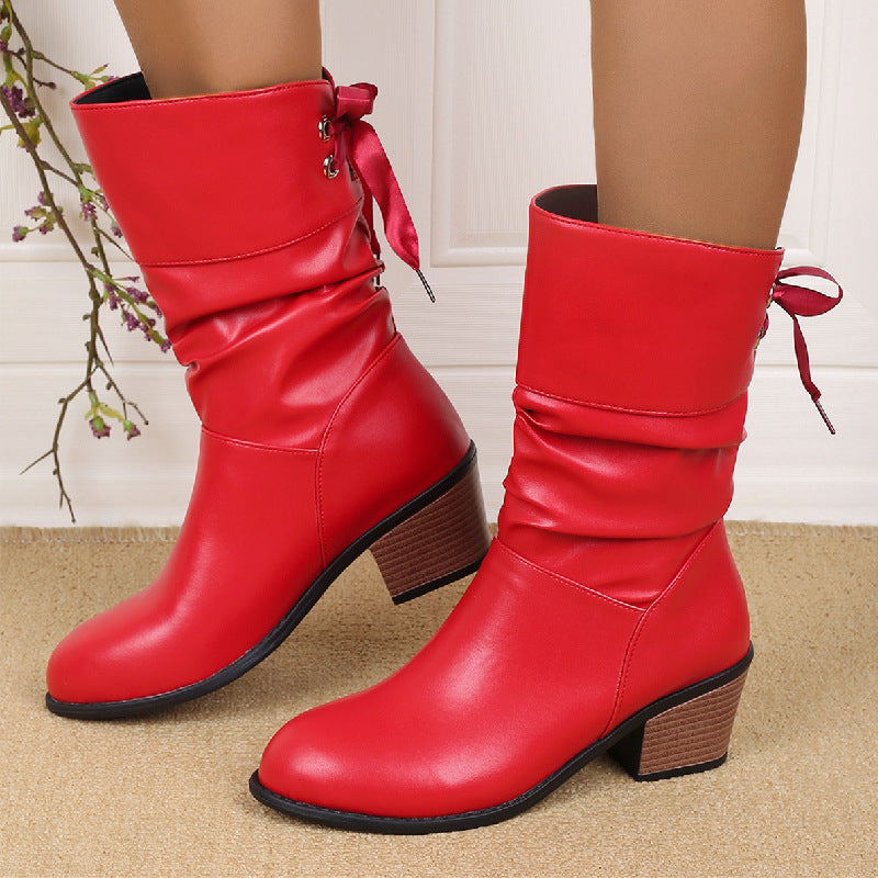 Back Lace-Up Mid-Tube Boots Women Autumn And Winter Thick Heel Round Toe Mid-Heel Plus Size Knight Boots
