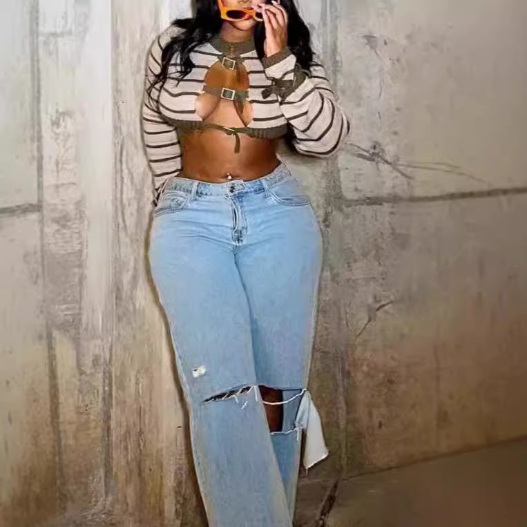 Women Knitting Striped Button Long Sleeve Crop Top 6