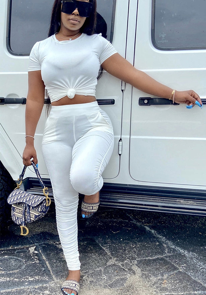 Women Wrinkled Short Sleeve T-Shirt and PantSolid Two-Piece Set