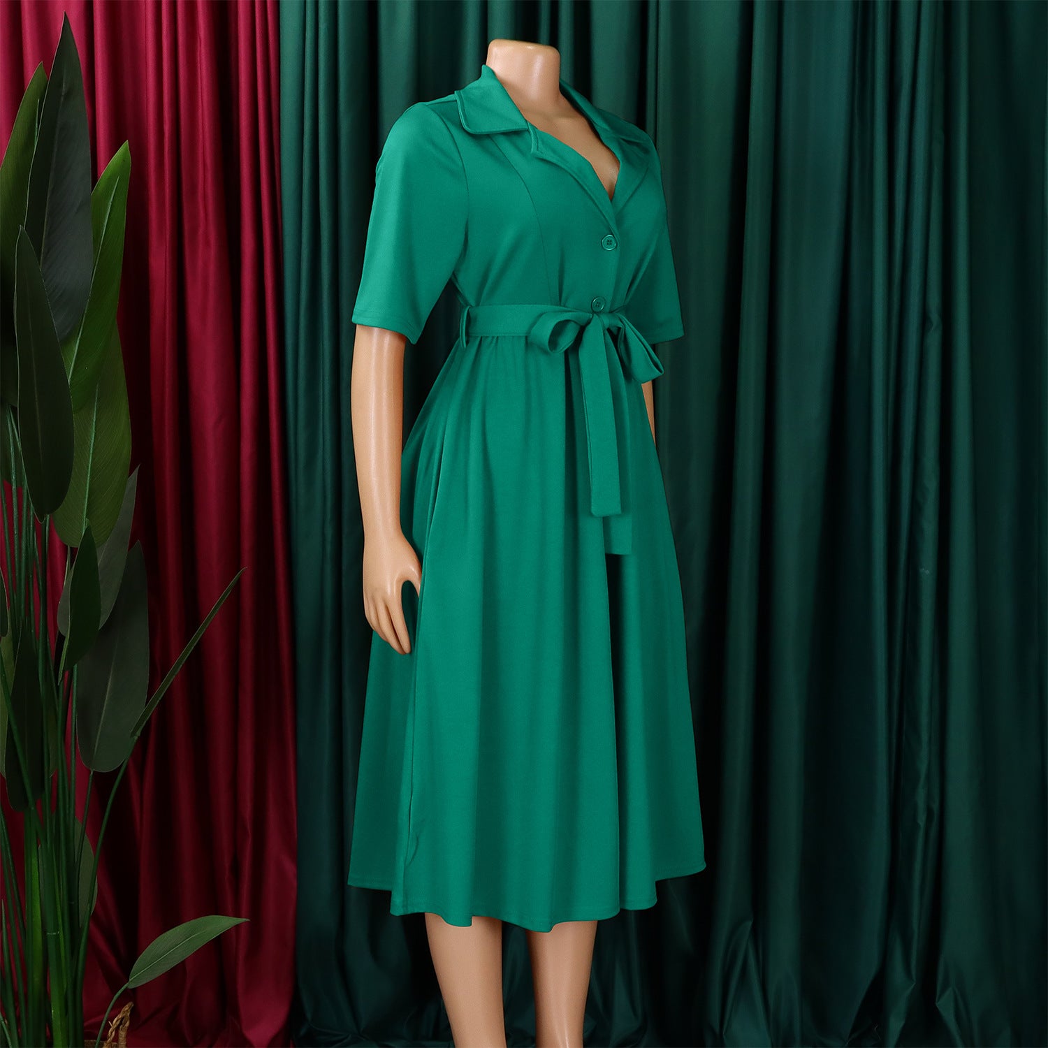 Plus Size Women Summer Short Sleeve Turndown Collar Lace-Up Solid African Dress 13