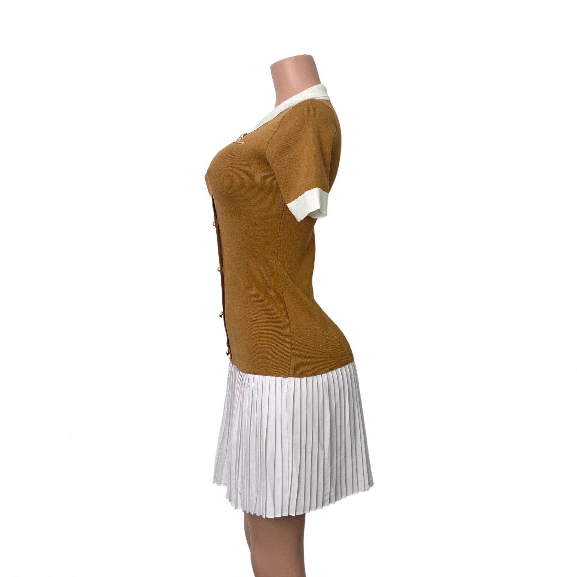 Women Contrast Color Turndown Collar Knitting Short-Sleeved Pleated Dress 11