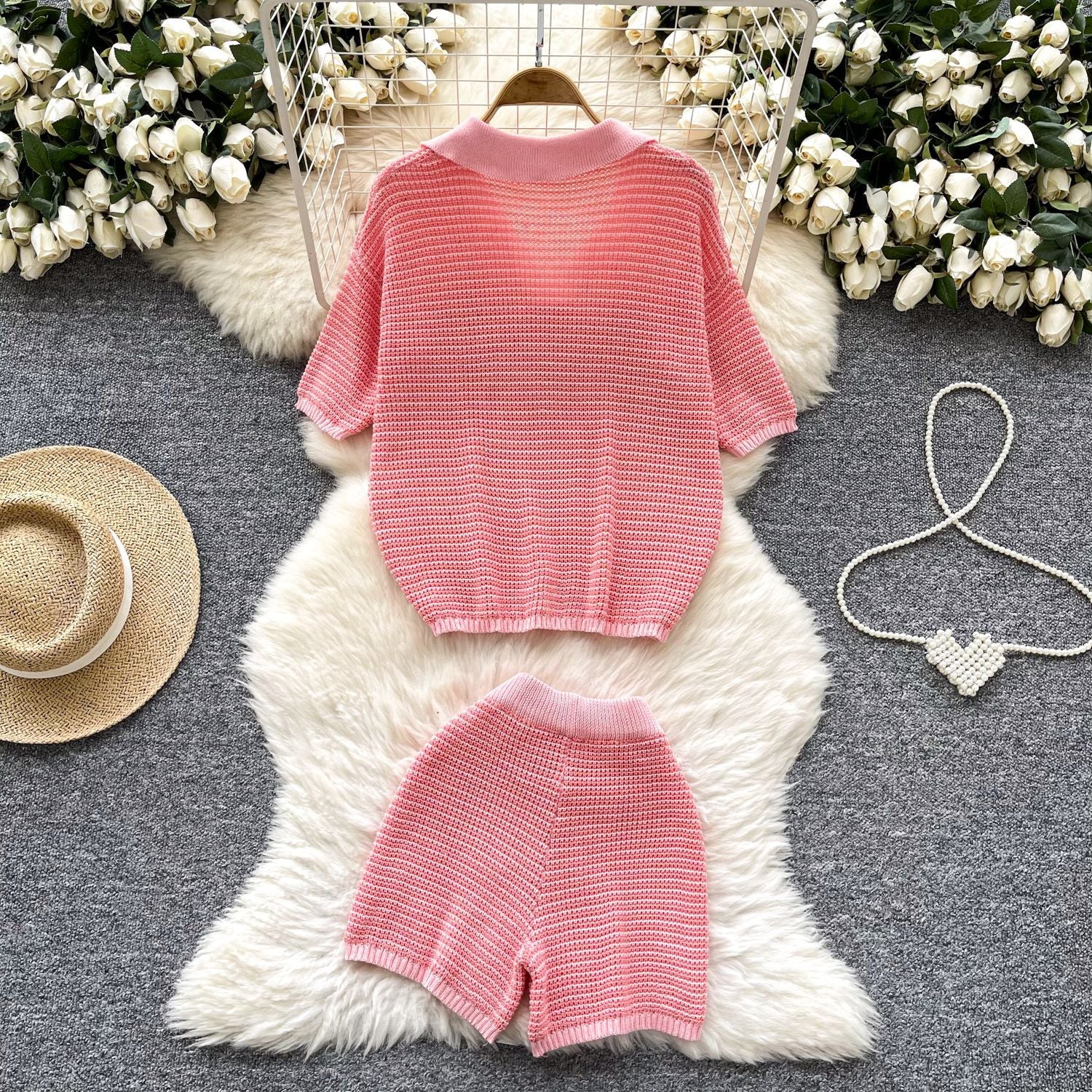 Women's Summer Turndown Collar Short Sleeve Hollow Knitting Top Tight Fitting Shorts Fashion Two Piece Set 8