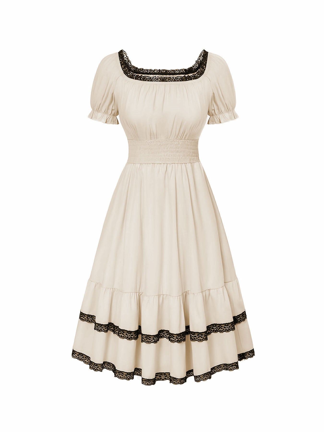 Women Summer Puff Short Sleeve Slim Fit Retro Chic A-Line Midi Dress 8