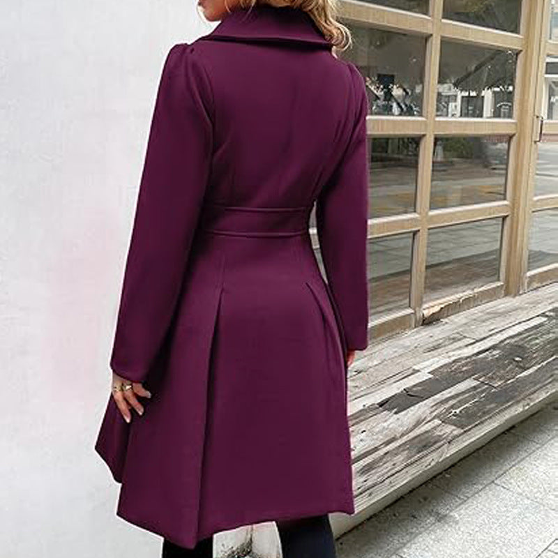 Women Fall and Winter Turndown Collar Double-Breasted Pocket Windbreaker 85