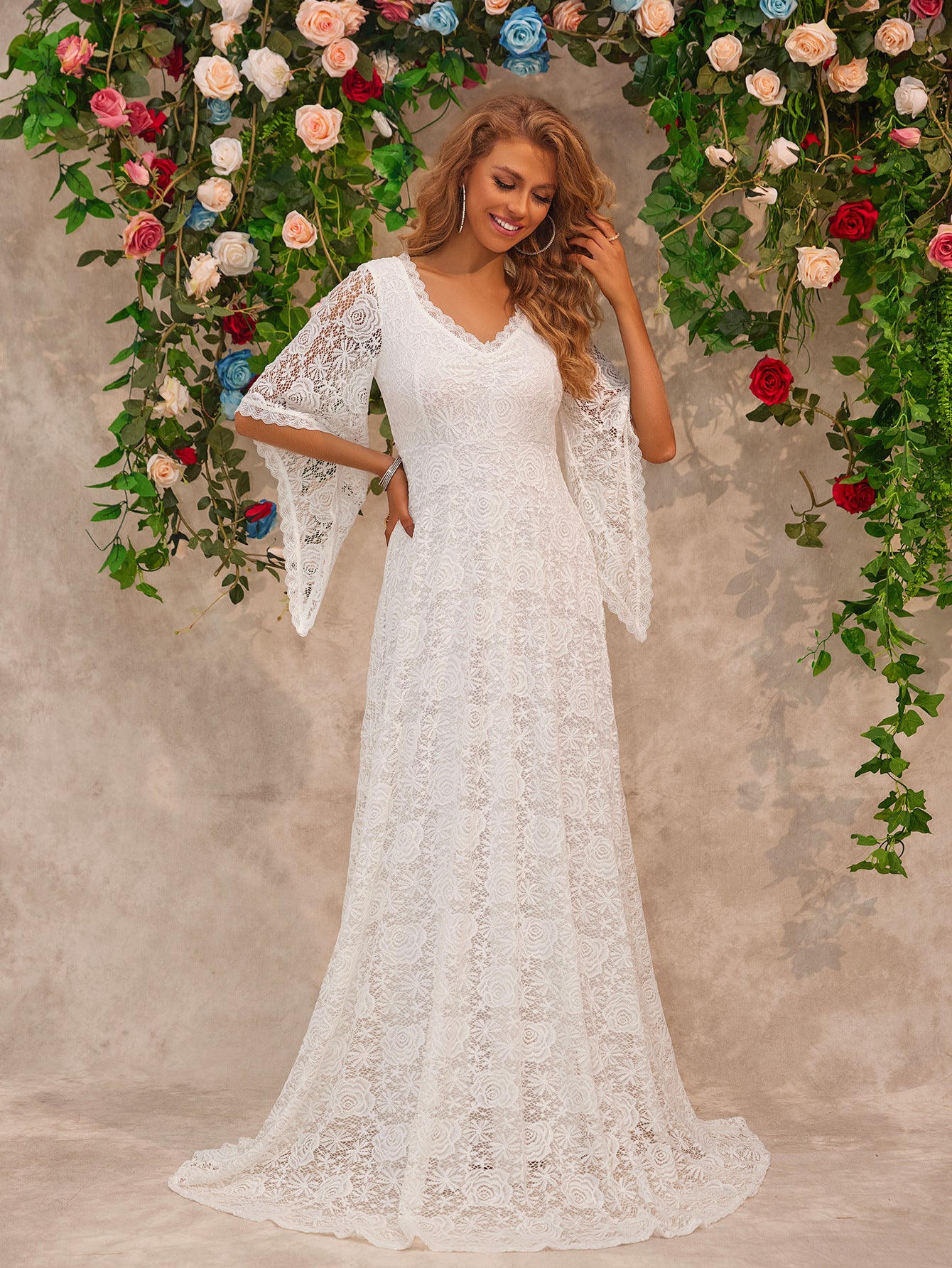 Women V-Neck Long Sleeve Lace Dress 3