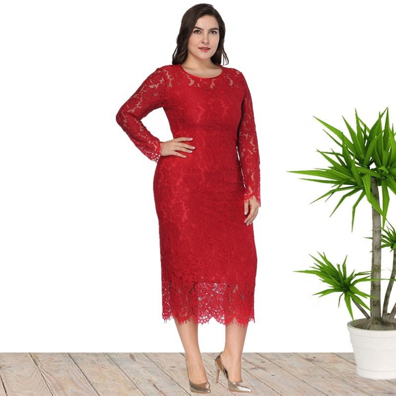 Plus Size Women Long Sleeve Lace Dress 7