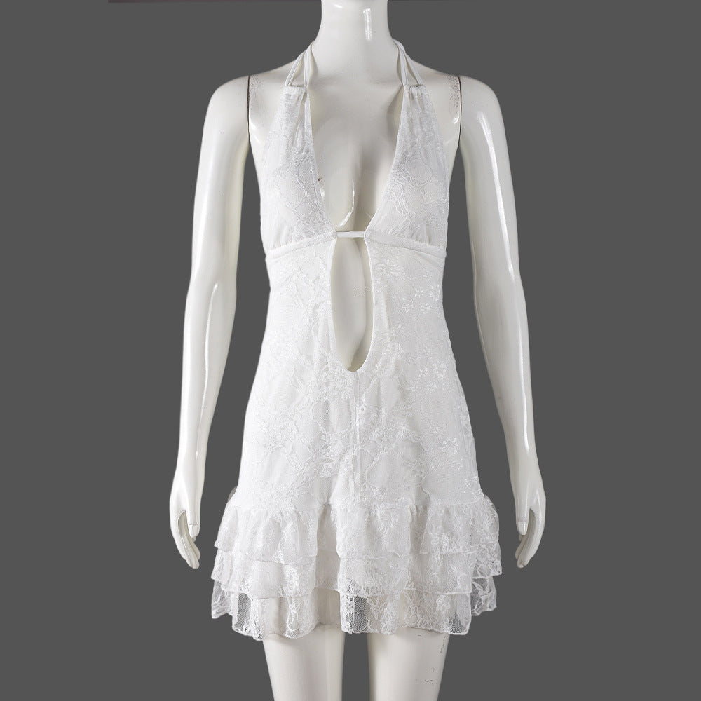 Women's Halter Lace-Up Low Back Sexy Lace Dress 5