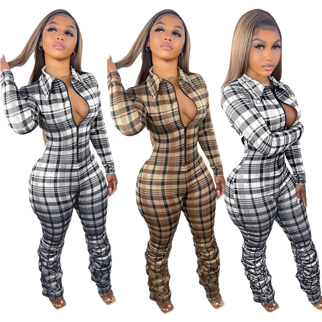 Women's Check Print turndown collar Slim Fit Ruched Zip Jumpsuit