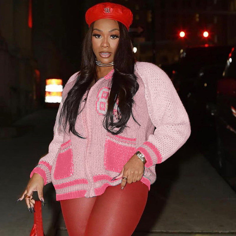 Women's Letter Baseball Sweater Women's Loose Cardigan Casual Long Sleeve Top 4