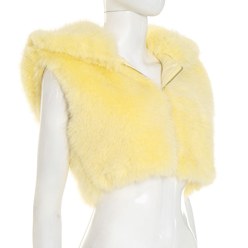 Women's Autumn Winter Solid Color Fur Zipper Hooded Sleeveless Cropped Top 8