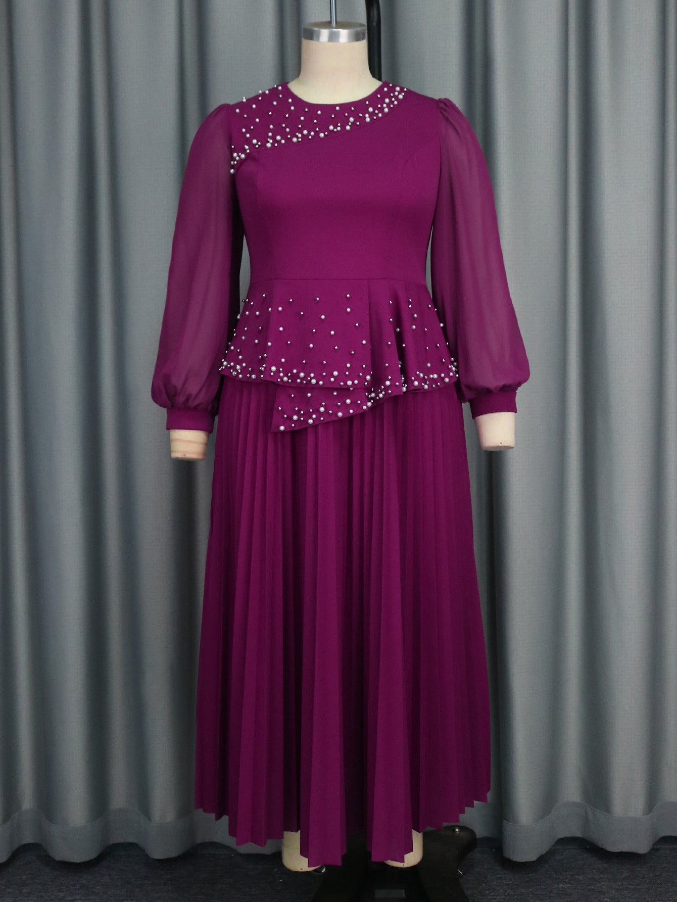 Plus Size Ruffle Elegant Round Neck Beaded Pleated Party Dress 7