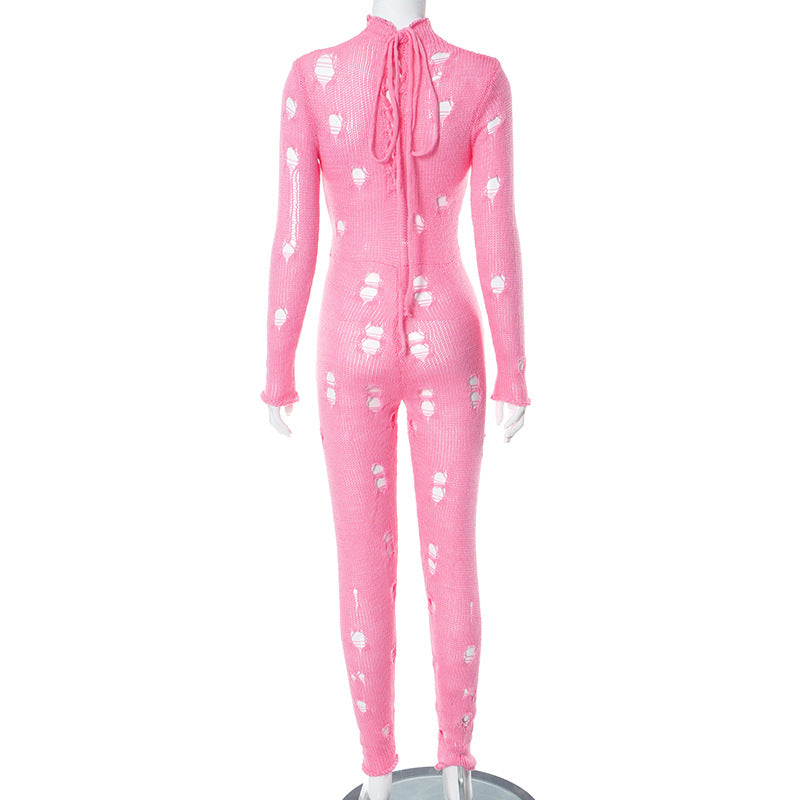 Autumn Winter Women's Fashion Ripped Slim Knitting Jumpsuit 9