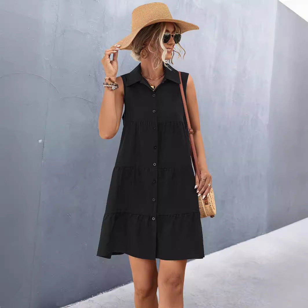 Women's Turndown Collar Patchwork Sleeveless Solid Color Dress 7