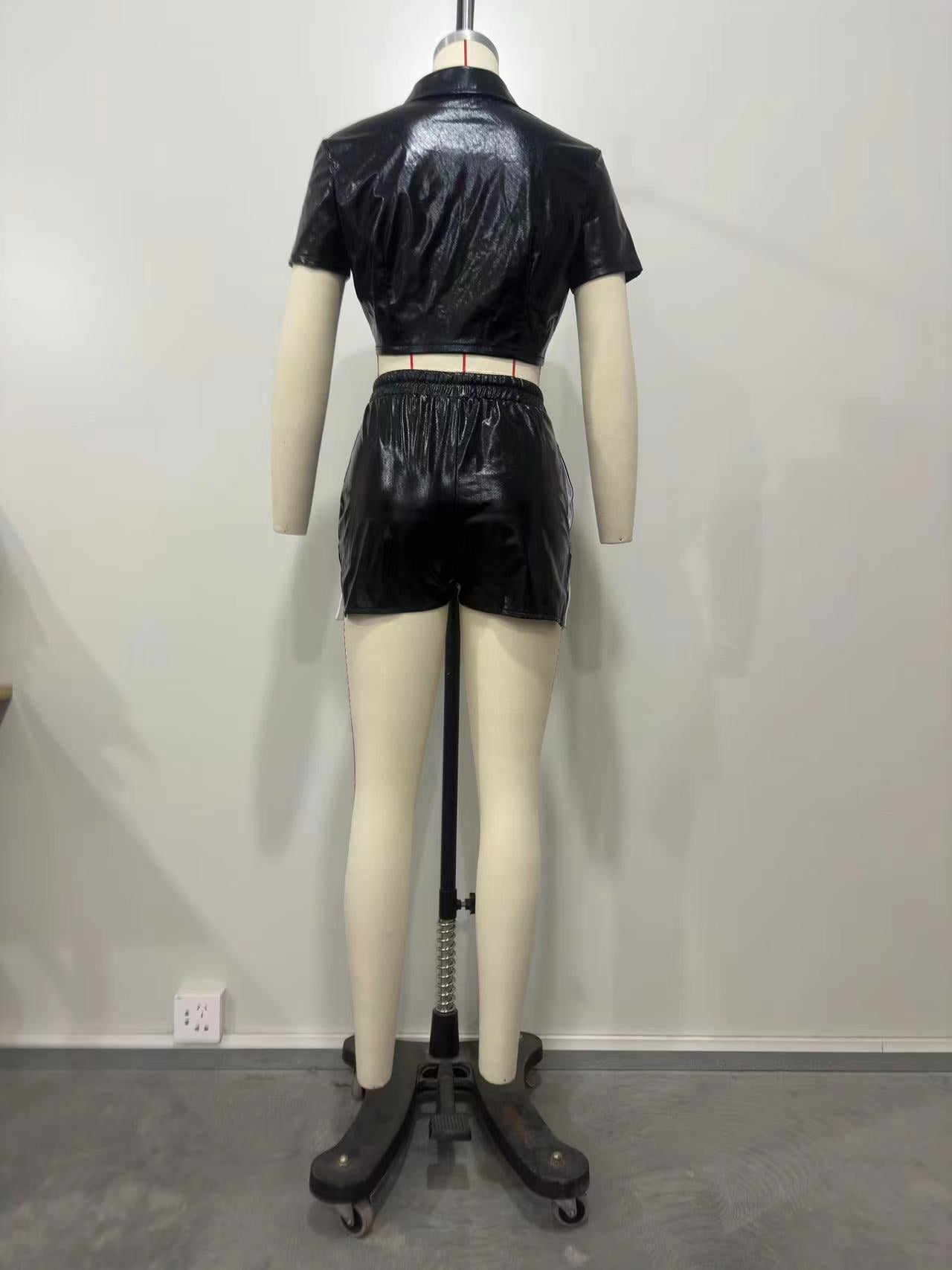 Women's Deep Pocket Slit Pu Leather Short Front Short Back Long Shorts Two-Piece Set 27