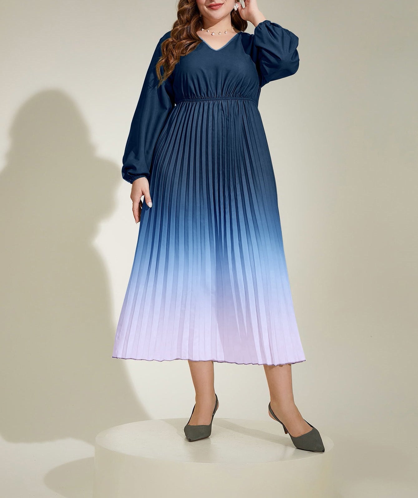 Autumn Chic Gradient Pleated Plus Size Long Sleeve Women's Long Dress 9