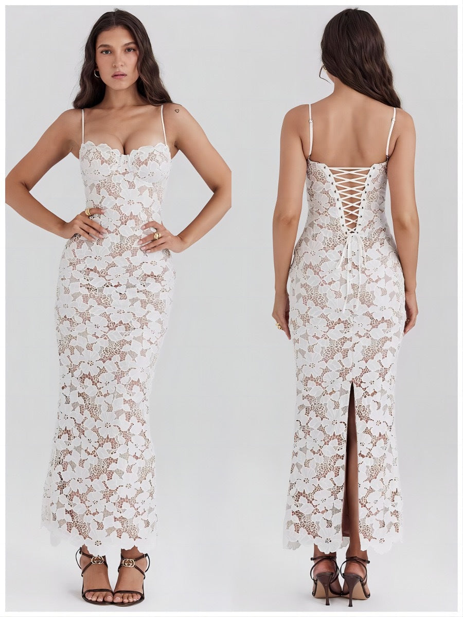 Women French Lace-Up Lace Strap Dress