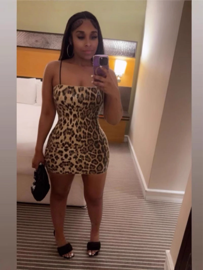 Women's Leopard Print Patchwork Sequin Bodycon Dress 4