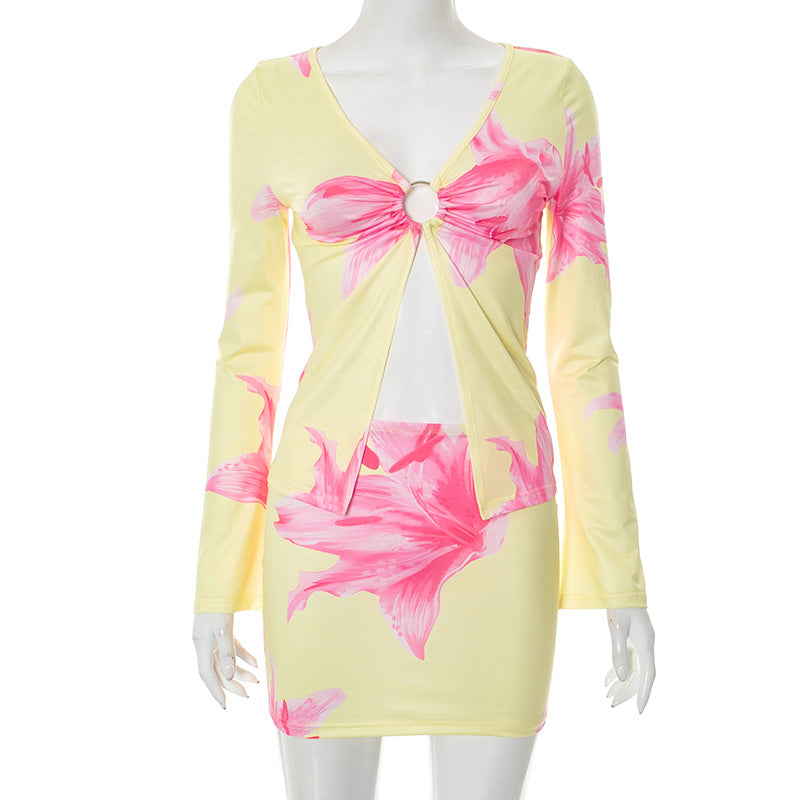 Women's Floral Print Long Sleeve Ring-Detail Slit Top & Tight-Fitting Skirt Two-Piece Set 6
