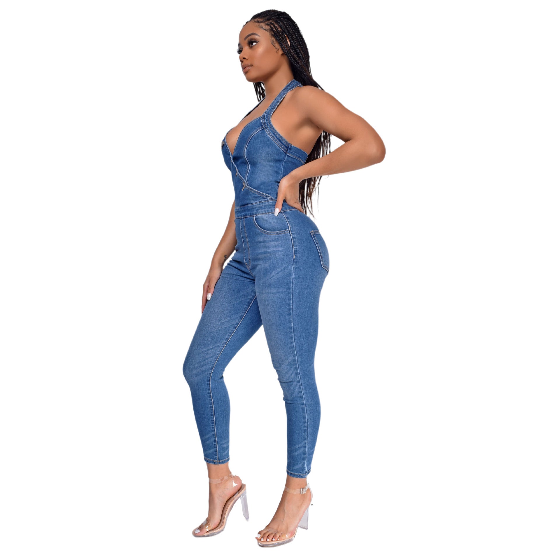 Women Slim Sleeveless Halter Neck Denim Jumpsuit 4