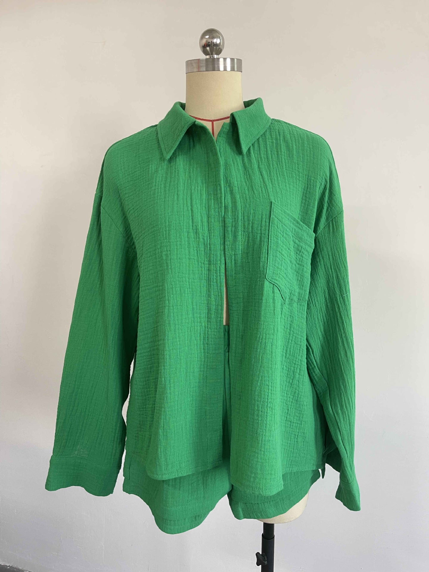 Women's Spring Crinkle Turndown Collar Long Sleeve Shirt High Waist Drawstring Shorts  2PC Set 23