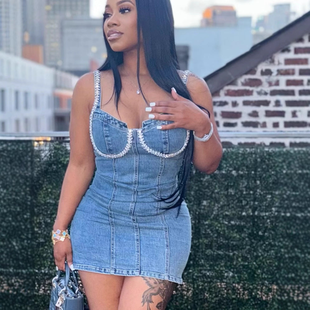 Women's Denim Strap Dress Summer Fashion Sexy Diamond Embellished Short Dress 4
